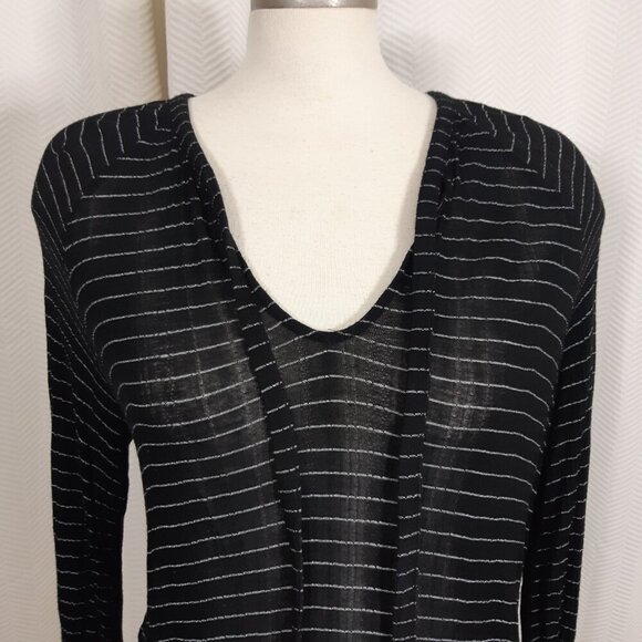 Lucky Brand Top Womens Large Tie Neck Keyhole Semi Sheer Boho Black White Stripe - Picture 2 of 6